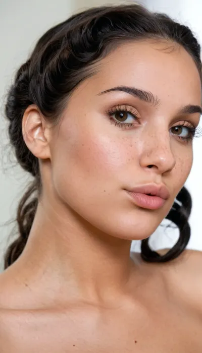 Photorealistic portrait of the exact same young woman, soft oval face, light olive skin with natural texture and faint freckles on nose and cheeks, dark thick arched eyebrows, large dark brown almond-shaped eyes with long lashes, straight nose with rounded tip, full soft lips, rounded chin and soft jawline. Dark black curly voluminous hair, (loose or in a low bun), . Identical facial proportions, eye spacing, nose width, lip shape and overall bone structure. Ultra-detailed, natural skin imperfections, realistic pores, sharp focus, soft natural light.