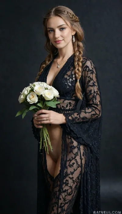 A 19‑year‑old girl is standing backwards against a black background, she turned around and is smiling. Makeup, long eyelashes, earrings, long wavy braided hair. Head decorations, the girl is wearing a mesh cape with emeralds, a chain on her waist with emeralds, her buttocks and pussy are visible. The girl has bent over, her bottom is raised, the view is up to her knees, she is holding a bouquet of flowers.