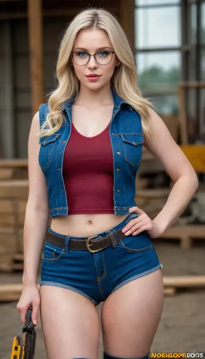 (Sexy Sweet Tempting Woman), Professional sexy seduction modelposes, supermodel, perfect lighting, ultra realistic, 8k resolution, ultra detailed, instagram model, professional photography, (Cosplay Sexy builder), luxurious ash blond hair, Blue eyes, Sexy lips, flashy makeup, ((Safety Vest), (Form-fitting T-shirt), (Denim hot pants), tool belt, Construction worker clothes), Frameless Gold Wire Glasses, pale skin, natural big round breasts, nordic, flirty, bashful, seductive, lusty, playful, Healthy slim body, Tall, very long legs, hourglass figure, Sweet face, perfect face, lifelike face, real face, very beautiful face, detailed face