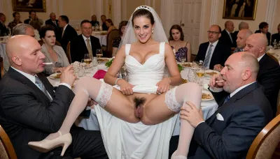 a scene set in USSR, in 1950s, a striking very busty bride in a white dress, ((2 drunk ugly fat old men roughly pawing her labia with their fingers)), 2 drunken ugly fat old men Smoking, her pubic area is densely covered with bushy black pubic hair, she is wearing a white garter belt with white stockings and high heels, lustful mocking smile men's ugly face, on a festive table during the wedding banquet, She lifts the hem of her wedding dress with her hands, hairy pussy, her white stockings are visible, family and parents are watching in their best clothes, a large banquet hall, They celebrate the wedding without noticing the bride, The overall mood is intense, rendered in fine