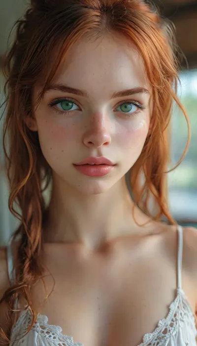 Beautiful anime girl, girl portrait, (((Charming eyes, light gree pupils:1.7))), (((very petite girl))), ((light green eyes)), (((skinny))), (very pretty girl:1), (makeup:1.3), ((semen on face:1.6)), tan lines, tan, huge breasts, beautiful breasts very visible, ((red hair)), in a ponytail, <lora:MJ52:1>, <lora:Midjourney Image Enhancer XL v1:.8>, 4ng3l, face, <lora:SDXL_BetterFaces-LoRA_v1:.8>, bikini, underwear, Lace, <lora:Bikini_02_lora:.8>