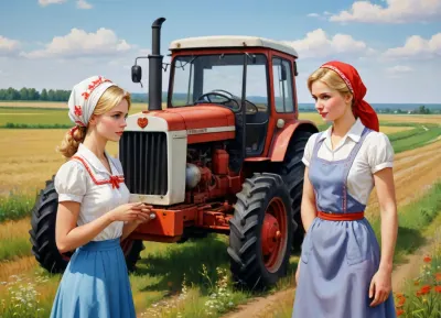((soviet propaganda poster style, bright solid colors, minimal detail, no color gradient, old anime style, low details)), in kolkhoz fields, in front of old tractor, hard body russian village girl, about 20 year old, short flower print sundress, white kerchief on head, talking to the man in tractor cabin