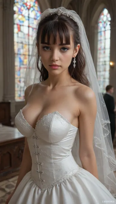 shallow depth of field, 85mm lens, ((18-year-old)), beautiful, athletic, (young), (petite), ((Latina girl)), ((black eye shadow)), ((brunette hair with Blunt Bangs)), ((tight large breasts)), (bridal veil), ((white wedding dress with white corset)), ((inside an opulent cathedral)), direct eye contact, warm glow, cinematic atmosphere