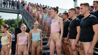 (full body view), (ultrarealistic photography), Nude genitals contest on outdoor stage., (nude french beautiful young girls, innocent face, slender, stunning, realistic detailed faces, proud smile, all girls with perfect shaved vaginas and vilvas, all the girls are wearing short, pastel-colored linen camisole tops, all girls with hair in bun or updo.), (nude young men wearing a black muscleshirt, all men with erect penis, confident smile), many spectators, sunny summer day, (many Girls enter the stage via a wide staircase, the girls wave in greeting), (the men waiting in a row on the stage, looking with interest to the girls)