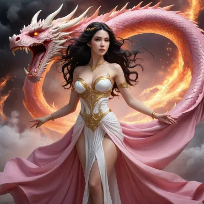 A very detailed backgroun, Masterpiece, best quality, ultra detailed 8k fantasy digital painting, semi-realistic anime style, cinematic dramatic lighting, strong rim light, beautiful seductive woman, perfect hourglass figure, slim waist, wide hips, long toned legs, large breasts, intricate detailed clothing, flowing fabric and hair, painterly style, sharp focus, epic atmosphere, elegant woman with long flowing black hair, ornate golden hair accessories, wearing intricate white and red traditional fantasy dress with high slit and flowing long fabric, dynamic graceful pose standing on clouds of smoke, one arm raised, surrounded by a massive majestic white and pink dragon with red accents coiling dramatically behind her, pure black background, dramatic volumetric lighting, pink and white glow, ethereal yet powerful atmosphere, extremely detailed scales and fabric, Art design by Slayer X, Rainbowiridal, Spiral, rainbowiridal, eyes, palette, Shiny..., Bright..., Intense, gaze, Fire, dragon, Amber, cat, Anthro..., woman, Genetically, modified..., <lora:Stunning_eyes_2:.8>