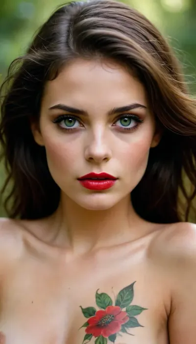 A sensual naked female portrait with light skin and flowing dark hair, her face and body adorned with intricate floral patterns instead of musical notation, creating a complex layered effect. She has intense green eyes, full lips painted with crimson, and a serene expression. The style is contemporary and evocative, a blend of portraiture and abstract expressionism with a surreal touch. The image is reminiscent of the works of Richard Prince, Helmut Newton, and Sally Mann, with a focus on high-fashion photography and naturalistic lighting. Cinematic, epic, atmospheric scenery.