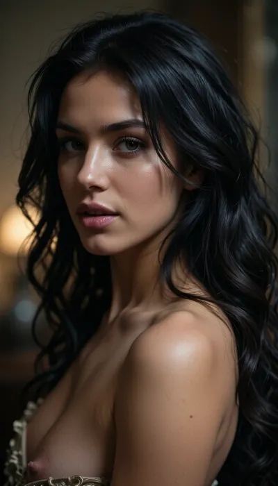 A cinematic, highly realistic portrait of an exceptionally beautiful young woman with deep black, wavy hair flowing naturally around her shoulders. She is illuminated by soft, moody lighting—warm highlights and subtle shadows sculpting her face and figure. Her skin appears smooth and radiant, with natural texture and fine detail. She gazes confidently toward the camera, lips slightly parted, conveying quiet sensuality. She wears elegant, subtly revealing clothing that suggests intimacy without explicitness. The scene is composed like a film still, with shallow depth of field, soft background blur, and a rich, atmospheric color grade reminiscent of high-end cinema. Shot on a 50mm lens, ultra-detailed, photorealistic, with cinematic lighting and dramatic composition
