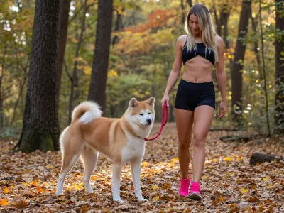A realistic, high-resolution photograph capturing a young blonde woman walking a large red and white Akita through a vibrant autumn forest. The woman is looking down with a relaxed smiling expression towards the Akita. She has tan skin and straight blonde hair falling past her shoulders. Her attire consists of a revealing a black crop top, tight black athletic shorts, and bright pink sneakers with white soles. She holds a coiled red rope leash in her hand, the leash attached to the pet. To her left, a large Akita Inu stands on the forest floor, featuring a thick coat of tan and white fur, pointed triangular ears, and a fluffy tail curled over its back. The Akita has white paws and looks forward with a calm, alert demeanor. The ground beneath them is thickly covered in a dense layer of fallen autumn leaves in varying shades of yellow, brown, gold, and orange, creating a textured, crisp carpet. The background features a forest of tall trees with dark bark and foliage transitioning from green to orange and yellow, heavily blurred into a soft, creamy bokeh effect indicating a shallow depth of field. Natural sunlight filters through the canopy from the upper left, casting dappled light and warm highlights on the subjects and the forest floor, enhancing the autumnal atmosphere. The overall mood is peaceful and active, with a warm color grading. The composition is a full-body shot taken at eye level, emphasizing the connection between the woman and her pet in a natural, outdoor setting, with sharp focus on the main subjects and a soft, out-of-focus background environment.
