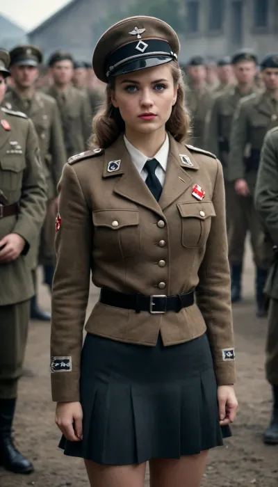 ((angry Nazi spy girl in cap and dirty Nazi military uniform at ww2 barracks with soldiers, dressed in uniform, skirt pulled up, jacket covering chest)), ww2 style, dark, moody, dark fantasy style, 8k, professional photograph, high quality, HDR, RAW color, hairy pube, sharp focus