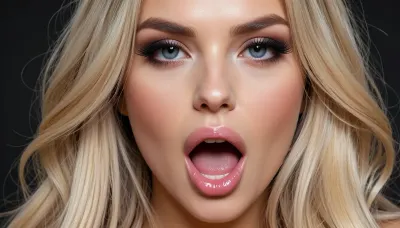 perfect replica of this exact face, young glamorous woman, long straight voluminous blonde hair, fair flawless skin, large blue eyes, thick long lashes, arched defined eyebrows, heavy glamorous makeup, contoured cheeks, highlighted cheekbones, glossy pink lips, mouth open in wide O shape, looking very horny at viewer, photorealistic, ultra detailed face, sharp focus on face, beautiful detailed eyes, perfect skin texture, high resolution, 8k, masterpiece, best quality, intricate facial details