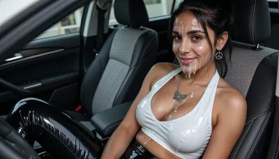 View from side, A dark-brown skinned pakistani woman in her 20s with a slim build and a curvy figure, perfect brown skin, is seated, She wears a very clingy skintight white latex cropped halter top with a deep V neckline, midriff showing, skintight very-shiny black patent pvc leggings, highly-polished pvc, She accessorizes with a silver chain necklace featuring a detailed moth pendant and silver peace-sign earrings. Her black hair is pulled back, and she has a soft closed-lip smile with visible makeup. looking directly at me, direct eye-contact, car with gray fabric seats, with the subject centered and sharply in focus against the softly receding interior. her face and forehead and hair is completely covered in excessive amounts of realistic semi-transparent cum, an excessive amount of cum is on her face and in her mouth and in her hair, cum is dripping down on her nude chest, cum dripping from nose and chin, cum in hair, her open mouth is overflowing with cum, so much cum everywhere, her eyes are open wide, her hair is messy, coy smile