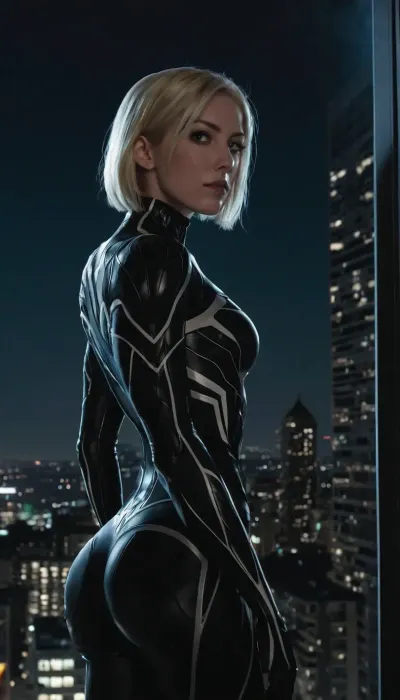 Gwenom, a colossal and powerful female entity with a muscular and curvy build, short blonde hair, blue eyes, and a small piercing near her eyebrow from Picture 1, stands suspended in the night sky outside a shattered dorm room window. Her form is draped in a sleek, shifting black symbiote armor that flows over her powerful physique, emphasizing her massive thighs and six-pack abs, her head tilted slightly as she looks back toward the building with glowing white eyes burning with intense, righteous energy. Below her, Richard Hanson from Picture 2, a slender 22-year-old human male with ash-blonde short hair and a pale complexion, stands near the broken window frame inside the room, looking up at her with unwavering faith and adoration, his posture relaxed but attentive as he watches his partner.

Gwenom is fully clothed in her symbiote suit, her massive form exuding raw, unrestrained power that bends the air around her, her neck arched as she turns to face Richard. Richard remains fully clothed in a simple grey t-shirt, his slender frame contrasting with the immense, towering presence of Gwenom who defies gravity in the open air, her neck and collarbone visible as she maintains her elevated position, her head connected smoothly to her powerful shoulders.

The scene is set in the night air above a city campus, with the shattered glass of the dorm room window glittering in the moonlight, the background showing the dark silhouettes of city buildings and street lights far below. The atmosphere is charged with electric, cosmic energy, with soft moonlight reflecting off Gwenom's polished armor and providing a dramatic, cinematic glow. The shot is a medium-wide angle capturing both the colossal, powerful figure of Gwenom suspended in the sky and Richard standing at the window, emphasizing the contrast in scale and the emotional bond between them. Photorealistic drawing, 32K, supreme render, octane-engine, intricate cinematic lighting, perfect contrast, photorealistic rendering.