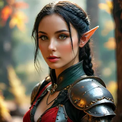 dark-fantasy, female elf knight, 20y old, (pointy elf ears:1.2), deep black braided hair, battle-ready armor, determined stance, natural beauty, dynamic, /KlTTY-ART/, full body view, red detail on armor, looking sideways off camera, flat chest, small breasts with stiff nipples, sucking a human large penis, elongated graceful mouth and chin, <lora:COMFYUI_mimic_landscape_-_XL_SDXL v2.0:.7>, <lora:attractive_notrigger:.8>, <lora:PerfectEyesXL:.6>, <lora:MJ52:1>