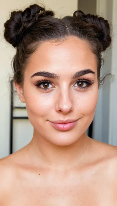 Ultra-realistic full body portrait of a young woman in her early 20s, identical facial features to the reference, soft oval face shape with gentle rounded cheeks, smooth light olive skin with natural even tone and subtle texture, a few very faint freckles across the nose and upper cheeks. Dark brown almost black thick eyebrows, naturally arched and well-defined, slightly fuller toward the outer edges. Large expressive dark brown eyes with soft almond shape, long dark eyelashes, gentle upper eyelid crease, looking slightly upward and to the side with a calm, contemplative expression in one version or a bright genuine smile showing straight white teeth in another. Straight medium-width nose with soft rounded tip and subtle natural bridge. Full soft lips with natural pinkish tone, upper lip slightly thinner than the lower, defined cupid’s bow. Soft defined jawline that gently curves into a rounded chin. High smooth forehead. Dark almost black hair, naturally thick and voluminous, with tight natural curls and waves when loose, or pulled back into a neat low bun/updo revealing the hairline and ears when styled up. Soft natural lighting that gently highlights the cheekbones and forehead, shallow depth of field, photorealistic skin pores and micro-details, extremely detailed facial anatomy, 8k resolution, sharp