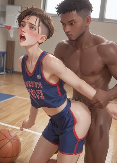 ((anime style)), (Thick outline:1.4), ((Cartoon Style:1)), ((Hentai)), (seen from the side), gay, interracial, indoor basketball court, slim twink in working clothes, slender, petite, shaved pixie cut, freckles, twink slut getting fucked by a massive black man. Anal sex, getting fucked from behind, doggystyle, a big black man, large penis, (body shaking orgasm, screaming orgasm), score_9, score_8_up, score_7_up, score_6_up, style anime, inspired illustration, oda, non, front view, <lora:outline_xl_kohaku_delta_spv5x:1.9>, <lora:cartoon_stickers_xl_v1:.5>, <lora:AshMilkshake_Illustrious_v1:1.1>, <lora:NEOTOKIOXL_0.2_RC:.5>, <lora:Ppolar-P3v1-NbVp10:.8>