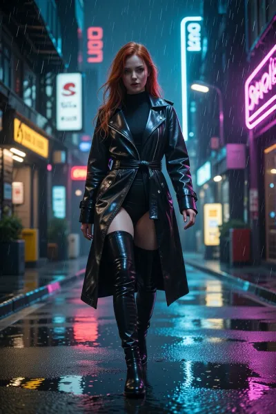 A red-haired woman in a leather coat walks through neon-lit Tokyo in the rain, cyberpunk style, cinematic lighting, third-person view, 8k, hyperdetailed, full body