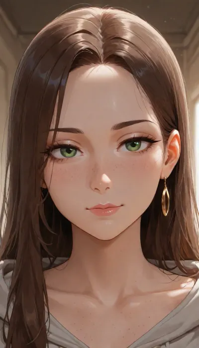 4ng3l, age 26, adult woman, face clearly visible, soft heart-shaped face, gently rounded cheeks with natural cheek fullness, softly rounded jawline, short rounded chin, moderate forehead height, subtle natural facial asymmetry, small-to-medium almond-shaped eyes, muted gray-green eyes with soft blue-gray undertones and a faint hazel ring near the pupil, normal iris size, slightly hooded eyelids, natural eye spacing, soft natural eyelashes, medium-brown eyebrows, straight natural nose with clearly defined bridge, natural width and softly rounded tip, soft natural pink lips with slightly fuller lower lip, relaxed closed-mouth expression, very fair neutral skin, irregular natural freckles across the bridge of the nose and upper cheeks, subtle natural cheek flush, fine visible skin texture, minimal makeup, dark neutral brunette shoulder-length hair, soft loose waves, slightly tousled natural texture, wispy uneven bangs, thin separated fringe strands falling naturally across the forehead, forehead partially visible between strands, soft face-framing pieces around the cheeks, natural individual flyaway hairs, understated portrait, natural facial proportions