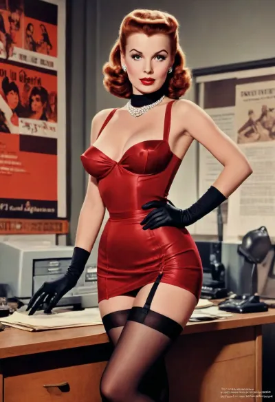 (Vintage 1950s movie poster with the title "Office Whores":1.5), a femme fatale standing, sitting on table, (a detective's office at night), (lift fitted burgundy mini dress:1.4), wide brim hat, long gloves, (black stockings:1.4), visible pussy, (big labia cameltoe:1.5), (crotchless clothes:1.5), sultry mysterious expression, lite by a single office lamp, office desk, high contrast black, white and red colour palette, (silhouettes:.8), gouache painting texture, Movie, Poster, page, <lora:Movie Poster:.6>