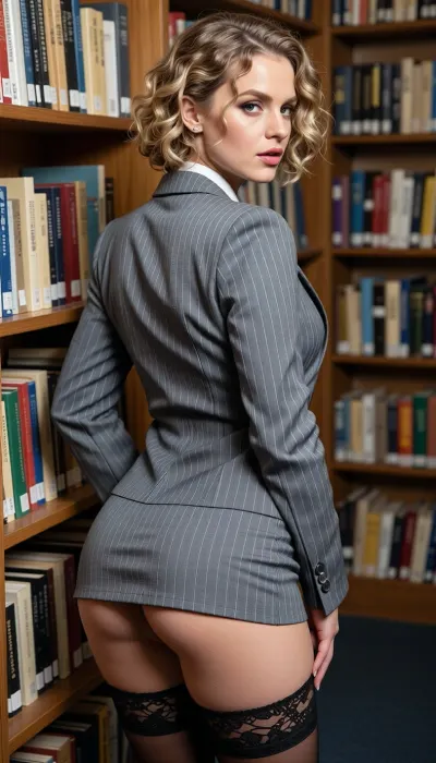 model photo of a woman, curly short blonde hair, hourglass body, she is wearing a sexy tiny grey pinstripe business blazer with the tiniest mini pencil microskirt with the tiniest skimpy sheer black lace thong underneath, her sheer lace thong is visible under her microskirt, at the library, (realistic, intricate details, masterpiece, photorealism)