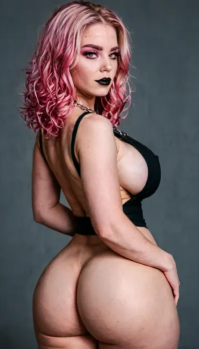 (score_9, score_8_up, score_7_up, rating, explicit, photorealistic, raw photo, 8k, sharp focus, film grain, skin pores, cinematic still), ((1girl:1.4), (solo:1.2), adult woman, female, (long magenta pink hair:1.6), (huge fake breasts:1.59), (implants:1.31), (round breasts:1.29), (narrow waist:1.29), (hourglass figure:1.2), (wide hips:1.25), (huge ass:1.39), (thick thighs:1.2), (pale skin:1.1), voluptuous, curvy, navel), ((detailed face:1.3), oval face, (high cheekbones:1.15), (almond brown eyes:1.2), (heavy dark eyeliner:1.3), (dark eyeshadow:1.3), smoky eyes, (black lipstick:1.3), matte black lips, (long fake eyelashes:1.35), (black fake lashes:1.3), thick mascara, (arched eyebrows:1.1), full plump lips, small straight nose, pointed chin, glam goth makeup), (outside a lakefront rustic cabin), (((choker necklace with inverted cross, 3/4 view, standing confident pose), (micro metallic mini dress:1.35), bodycon second-skin fit, inky black stretch lame with hot magenta and candy-pink iridescent shimmer that flashes rose-chrome when she moves, wet black-glass look in shadow, deep draped cowl plunging into a low V between her breasts, thin crystal rhinestone chain straps, completely backless, single rhinestone chain down her spine looping low across the small of her back, extremely short hem high on the upper thighs, tightly ruched center-back hem yanked up so the underside of her ass and the crease are barely covered))