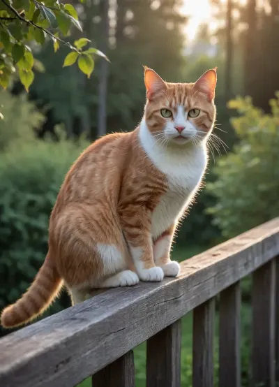 early morning, russan village, cat on the fence, trees, bushes