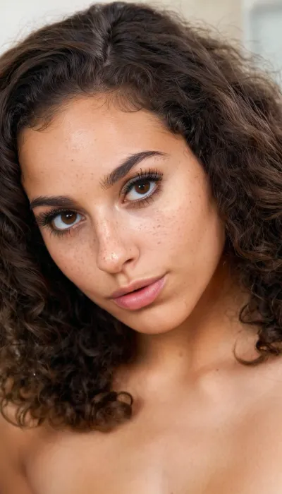 masterpiece, best quality, ultra realistic, RAW photo, close-up portrait, young woman early 20s, soft oval face, light olive skin with faint freckles, dark thick arched eyebrows, large dark brown almond eyes, long lashes, straight nose with rounded tip, full soft lips, rounded chin, dark curly voluminous hair, highly detailed face, natural skin texture, sharp focus