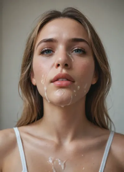 20 years old Girl, (face totally covered with cum:1.35), face cum covered, face closeup, view from below