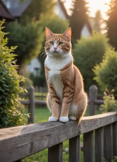 early morning, in the village, cat on the fence, trees, bushes