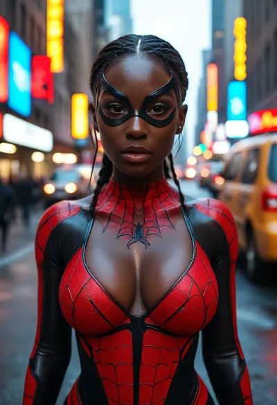 8k, best quality, (masterpiece), (intricate details), ((rear view)), super sexy 25 year old Black woman dressed as a female Spider-Man, ((black skin:1.5)), long braided black hair, authentic red, blue, and black costume, (small black eye mask), brown eyes, perfect face, perfect lighting, high detail, octane render, detailed eyes, sexy, mysterious, (full-body shot from a distance), standing in the center of a busy New York City street, ((large breasts:1.2)), deep cleavage, curvy thighs, curvy round hips, wide thigh gap, tight round ass, <lora:MJ52:1.6>, Rainbowiridal, Spiral, rainbowiridal, eyes, palette, Shiny..., Bright..., Intense, gaze, Fire, dragon, Amber, cat, Anthro..., woman, Genetically, modified..., <lora:Stunning_eyes_2:.8>