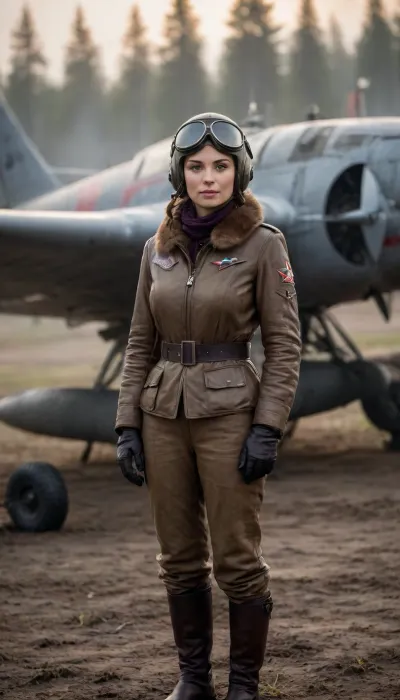 Hyper-realistic cinematic shot, dawn lighting on a muddy WW2 front-line airfield in the USSR. A resilient, determined Soviet woman pilot in her mid-twenties, wearing an authentic WW1-style leather flying outfit, (like those used by the 'Night Witches'), including a heavy leather flying jacket with fur collar, breeches, tall leather boots, and a leather flying helmet with goggles pushed up. She is standing confidently in front of a robust 1943 Ilyushin Il-2 Sturmovik attack aircraft with weathered camouflage and red star markings, resting on the damp earth. Background, Misty forest edge, blurred canvas tents, military trucks, and distant Soviet personnel under a dramatic, cold orange and purple sunrise sky. Technical, 35mm lens, f/5.6 for sharp focus on the pilot and the massive aircraft, natural film grain, realistic textures on weathered leather and metal, chiaroscuro effect, masterpiece, 8k.
