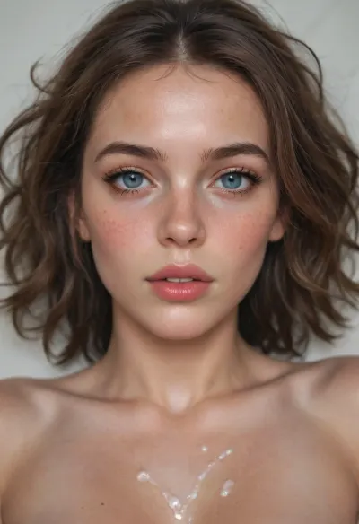 (moaning girl), (extremely feminine girl), (compact face), (supermodel girl), (breathtaking 18 year old girl), (petite girl), (skinny girl), (thin girl), eye contact, looking at the viewer, close up, leaning back, freckles, pale skin, messy ponytail, nude, topless, massive breasts, (pussy dripping cum:1.3)