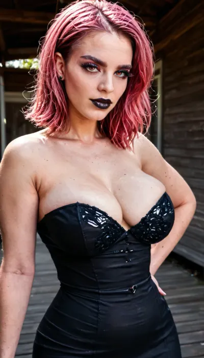 (score_9, score_8_up, score_7_up, rating, explicit, photorealistic, raw photo, 8k, sharp focus, film grain, skin pores, cinematic still), ((1girl:1.4), (solo:1.2), adult woman, female, (long magenta pink hair:1.6), (huge fake breasts:1.59), (implants:1.31), (round breasts:1.29), (narrow waist:1.29), (hourglass figure:1.2), (wide hips:1.25), (huge ass:1.3), (thick thighs:1.2), (pale skin:1.1), voluptuous, curvy, navel), ((detailed face:1.3), oval face, (high cheekbones:1.15), (almond brown eyes:1.2), (heavy dark eyeliner:1.3), (dark eyeshadow:1.3), smoky eyes, (black lipstick:1.3), matte black lips, (long fake eyelashes:1.35), (black fake lashes:1.3), thick mascara, (arched eyebrows:1.1), full plump lips, small straight nose, pointed chin, glam goth makeup), (outside a lakefront rustic cabin), (wearing sheer micro dress)