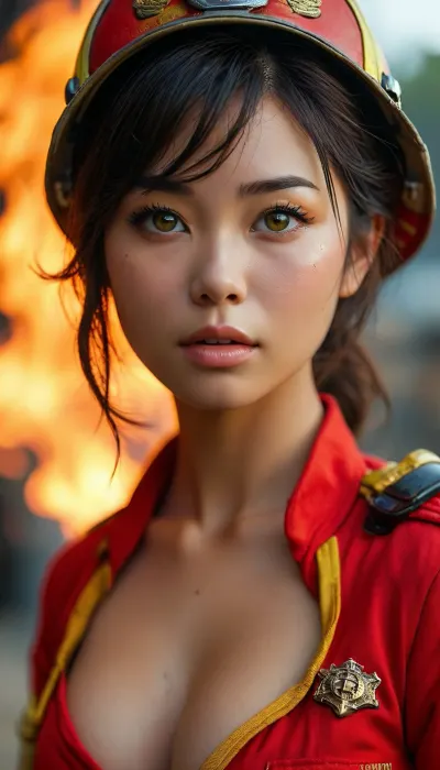 8k, best quality, (masterpiece), (intricate details), perfect eyes, perfect face, perfect lighting, beautiful, high detail, octane render, detailed eyes, sexy, (side body shot), (super sexy female Asian dressed as a US fire fighter, large natural breasts, curvy thighs, curvy round hips, thigh gap and cameltoe, tiny panies, legs spread apart), view from side, <lora:MJ52:.8>, Rainbowiridal, Spiral, rainbowiridal, eyes, palette, Shiny..., Bright..., Intense, gaze, Fire, dragon, Amber, cat, Anthro..., woman, Genetically, modified..., <lora:Stunning_eyes_2:.8>