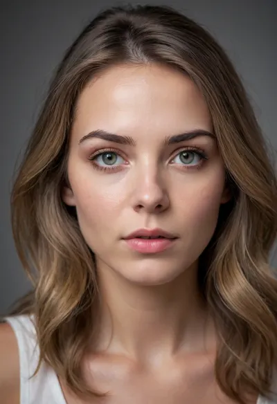 A casual photo. A casual photo of A hyper-actual portrait of a woman with long, flowing hair. Her hair features prominent natural grey, dark blonde and brown streaks, giving a striking and dynamic appearance. Her skin is smooth white, and she has a natural, healthy complexion with subtle blush on her cheeks. She is glancing to her left with a slightly furrowed brow and a tense, contemplative or concerned expression, lending an emotionally charged and narrative-driven tone to the image. Her bright honey eyes are expressive and focused, catching ambient light. The light source appears soft and diffused, illuminating her face and enhancing the dimension and depth of her features. The white or transparent background isolates the subject, drawing full attention to her expression and hairstyle. The emphasis is on the emotional storytelling—conveying an intense moment of surprise, suspicion, or determination—while incorporating lifelike skin textures, natural makeup, and realistic hair details typical of high-end portrait photography. Capture the mood with a shallow depth of field, clean lighting, and an overall photorealistic style inspired by professional editorial and cinematic portraiture. Focus on authenticity, clarity, and emotional depth in the subject's expression, making her the clear centerpiece of the scene., highly realistic, realistic portrait, (nsfw), anatomically correct, realistic photograph, real colors, award winning photo, detailed face, realistic eyes, beautiful, sharp focus, high resolution, volumetric lighting, incredibly detailed, masterpiece, breathtaking, exquisite, great attention to skin and eyes, drawing full attention to her expression and hairstyle., in soft gaze, looking straight at the camera, skin blemishes, imperfect skin, skin pores, no makeup, no cosmetics, matured, solo, centered, RAW photo, detailed, clear features, film grain, 8k uhd, candid portrait, natural lighting