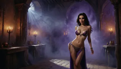(one girl, dark hair, 30 year old, small breasts), (inside high class medieval brothel, purple accents, detailed background), (wearing skimpy medieval belly dancing outfit, topless, exposed breasts), (dancing striptease on scene), dark ambience, dynamic angle, (artwork, digital painting, fantasy art, loading screen art style), <lora:J_cartoon:.1>, <lora:EnvyAnimeDigitalPaintingXL01:.1>, <lora:Sinister_Style_SDXL:.1>