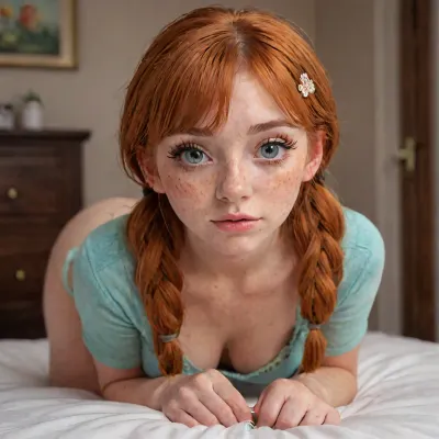 22 year old instagram influencer, perfect face, high pigtails, cute hair clips, orange hair, fat ass, large hips, score_9, score_8_up, score_7_up, score_6_up, heavy e-girl blush makeup, heavy blush and freckles makeup, makeup smeared, kneeling on both knees on the floor, hands behind back, freckles all over body, pale skin, sweaty, top down view, her face close to camera, facial from big black cock, cum covered face