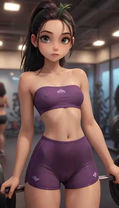 (Jack cayless art style), masterpiece, score_9, score_8_up, score_7_up, ((photorealism)), Cinematic still the viewer looks at skinny petite nemona from Pokémon. She is wearing tight purple gym shorts with cameltoe and a purple tube top skimpy bra, (tight gym shorts:1.3), strapless tube top skimpy bra, large glowing hazel eyes, tan olive skin with freckles, tiny breasts, mid workout at the gym, focus, high budget, cinemascope, moody, epic, gorgeous, film grain, grainy, rating, explicit, seductive_pose, close-up view, <lora:EnvyThiccXL02:.8>, ultra realistic, 8K, 4K, photo realistic, <lora:add-detail-xl:2>, <lora:princess_xl_v2:.8>, <lora:DetailedEyes_V3:2>, <lora:Animated_Concept:.9>