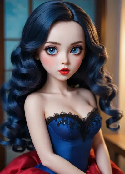 blue-black large-curled hair, doll heart-like face, extremely large deep-blue anime eyes, arched eyebrow, long bushy eyelashes, short snub nose, plump red lips, pointing chin