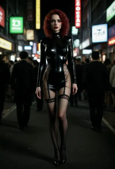 hot milf model, about 40 years old, (French, Caucasian), extremely skinny, pale skin, realistic skinny face, aggressive makeup, red lipstick, curly maroon hair, bright green eyes, (huge firm tits), hard sticking nipples clearly peeking through latex, thin waist, slim hips, small ass, long legs, black high hills, full-body view, (wearing longsleeved black sheer latex minidress black fishnet stockings with garters, black stiletto shoes), walking around crowed streets of Tokyo Akihabara district at night, neon colored lighting, stroboscopic effects, crowds of people, ((highly detailed background, well-defined background)), <lora:detailed_notrigger:1.5>, <lora:add-detail-xl:1.4>, <lora:CinematicStyle_v1:2>, <lora:dark:.2>
