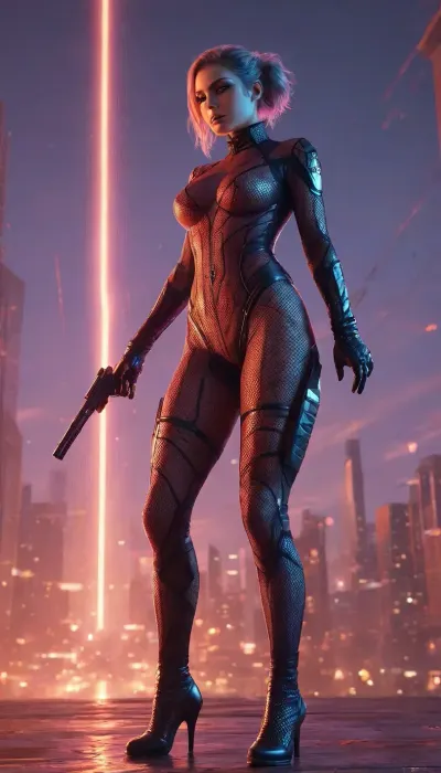 masterpiece, high quality, raw lighting, female superhero, large-cell fishnet bodysuit, high collar, gloves, facepaint, jump boots, futuristic gun in hands, nipples, pussy, <lora:LegendDarkFantasy-000001:.5>, <lora:SDXLSamDoesArts:.1>