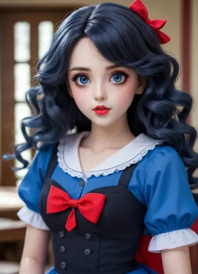 blue-black large-curled hair, doll heart-like face, extremely large deep-blue anime eyes, arched eyebrow, long bushy eyelashes, short snub nose, plump red lips, pointing chin, anime style school outfit, anime style background