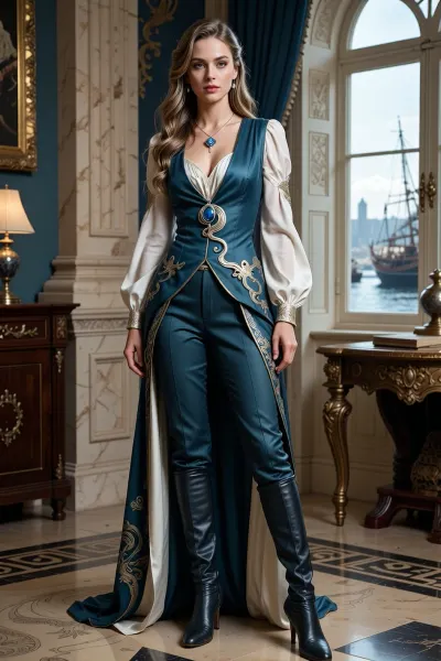A cinematic high-fantasy portrait of Valeria Varenne at age 26, before the fall of House Varenne, when she was still the designated heir to an old matriarchal merchant dynasty in the wealthy Mediterranean-inspired port city of Corenza. Valeria is a beautiful young Aasimar woman with fair skin, refined harmonious features, defined cheekbones, a straight elegant nose, striking silver-gray eyes, and long golden-brown hair with lighter natural highlights, worn in an elegant half-up, half-down style. Her celestial heritage is subtle rather than overt, she looks mostly human, with only an unusual clarity and quiet radiance to her appearance, no visible wings.

She has a slender, athletic build and carries herself with effortless confidence, perfect posture, and the controlled grace of someone raised from childhood to become the next matriarch of a powerful house. She is not delicate or ornamental, beneath the aristocratic refinement is the balance and physical discipline of an accomplished fencer.

Valeria wears luxurious but tasteful noble clothing in muted dark teal, ivory, silver and restrained gold. A loose, elegant blouse of fine lightweight fabric is fitted at the waist beneath a beautifully tailored teal waistcoat, with fitted trousers and high fine leather boots with a modest heel. The fabrics and craftsmanship are expensive without being gaudy. Delicate silver and gold embroidery suggests wind, sea currents and maritime motifs appropriate to an old trading family.

Around her neck is a fine silver chain with an elegant silver pendant containing a polished sea-blue gemstone. A refined brooch shaped like a spiraling current of wind around a small star is pinned to her clothing.

The setting is an elegant merchant-aristocratic mansion in Corenza, with tall windows, carved stone, polished wood, maps, ledgers and subtle signs of immense mercantile wealth. Through the windows, hints of a great harbor and distant masts can be seen. Valeria should feel intelligent, composed, warm beneath her formality, and entirely believable as a woman who expects one day to inherit the house around her.

Detailed fantasy art, painterly realism, cinematic natural lighting, realistic anatomy, expressive eyes, elegant fabric textures, sophisticated aristocratic atmosphere, full-body or three-quarter composition.