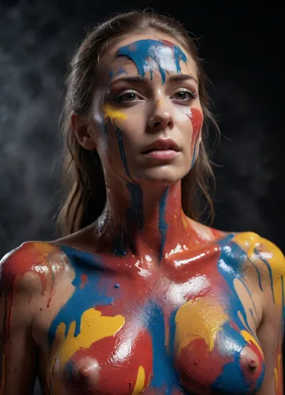 the whole body is covered in paint, close up