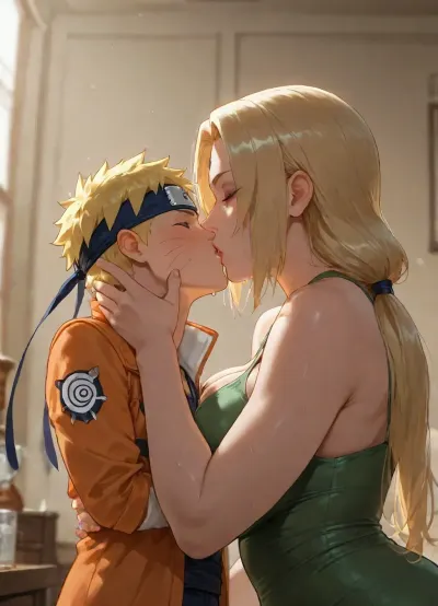 masterpiece, high detailed, (Glossy liner anime style), clear and light frame, (1 woman, Tsunade, long hair, green outfits, hourglass figure body, 36 years old, eyeshadow, milf, giant woman), BREAK, (1 boy, Naruto_Uzumaki, yellow hair, yellow coat, headband with Konoha emblem, short and small boy), (mother and son, taboo relationship), woman holding back of boy's head, (height difference, giant woman and small boy), side view, below view, deep field shot, hetero, woman bend forward to kissing the boy, waist, hips, bend over, kissing mouth, wet kiss