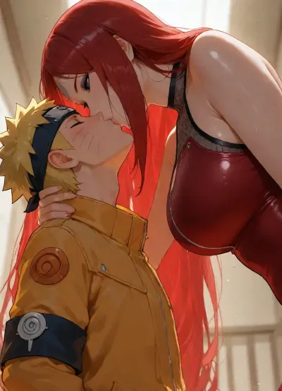 masterpiece, high detailed, (Glossy liner anime style), clear and light frame, (1 woman, Kushina Uzumaki from Naruto, long red hair, her red outfits, fishnet halter, hourglass figure body, 36 years old, eyeshadow, milf, giant woman), (1 boy, Naruto_Uzumaki, yellow hair, his yellow coat, headband with Konoha emblem, short and small boy), (mother and son, taboo relationship), woman holding back of boy's head, (height difference, giant woman and small boy), side view, below view, deep field shot, backlight, hetero, woman bend forward to kissing the boy, waist, bend over, mouth to mouth, wet kiss