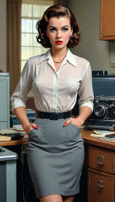 (in Mort Künstler art style), (in style of old vintage comics from 1930-1950s), competent secretary, 1950's outfit, sheer white blouse, (massive nipples sticking under clothes:1.2), black skirt, 1950's pinup style photo, (1950s entourage and setting:1.6), (1950s vintage color photography:1.6), full-body view, <lora:comix-000013:1.4>, <lora:CoMIX:1.4>, <lora:Comic_XL_V2:.5>, <lora:BUT_SDXL_SHS:1.4>