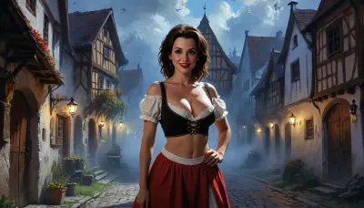 (one woman, mature 40 year old, brunette, sensual smile, red lips, small breasts, dancing sexy striptease), (wearing oktoberfest clothes, pulled down exposing breasts), (medieval german town, half-timbered houses with white walls and black roofs, people in background), evening, close side view, (artwork, digital painting, fantasy art, loading screen art style), rpg, portrait, photograph, <lora:J_cartoon:.1>, <lora:EnvyAnimeDigitalPaintingXL01:.1>, <lora:Sinister_Style_SDXL:.1>, <lora:rpg_portrait:1.5>