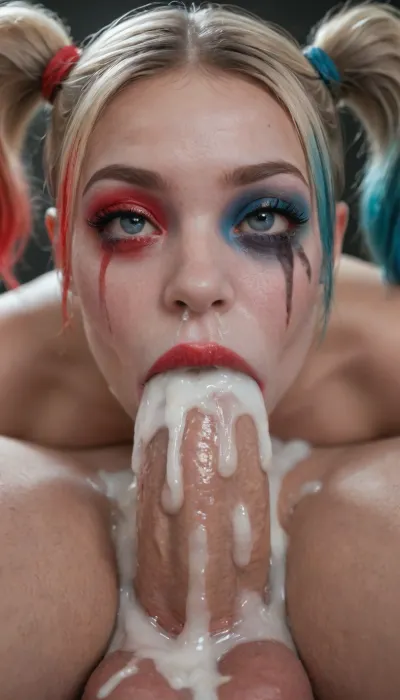 ((tiny Harley quinn)), Rolling eyes, thicc ass, Huge Tits and Huge dick, 69 position, deepthroat, (cum flowing from her nose:1), (excessive cum from nose), close up, crying, ruined makeup, rolling eyes, orgasm face