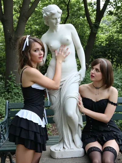 Zoey is a late-20s emo babe. Zoey has shaggy hair with a ribbon in hair. Clara is a late-20s goth babe. Clara has short hair with a headband in her. Zoey and Clara in a garden with a marble statue of Venus. Zoey is fondling the statue. Clara is sitting on a bench to the side watching Zoey. best view