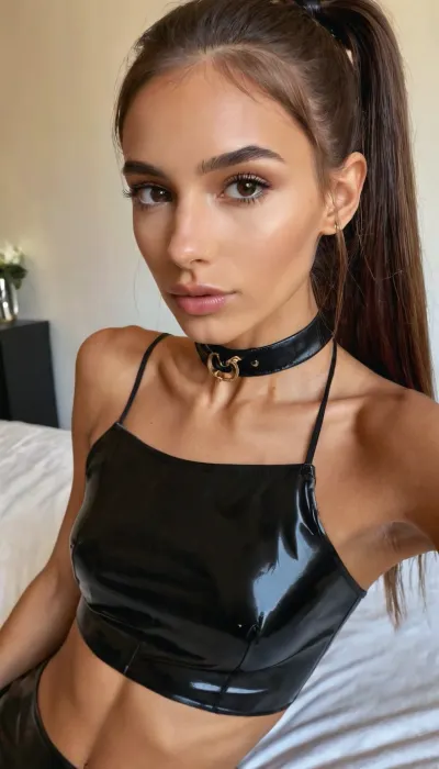 On my bed, ((pov handjob hand on my cock)), cumshot, aheagao, close up, ((seducing)), black latex dress, anorexic, photoshoot posing, ballerina, ((19yo old woman)), handcuffed, choker, tattoos, sexy neck, (tan skin), (fit body:1.3), (beautiful Argentinian brunette hair instagram model face), (fit body), very beautiful, perfect skinny body, perfect face, looking at the camera, perfect eyes, (skinny fit), pretty, snub-nosed, long ponytail hair, (crop, top:1)